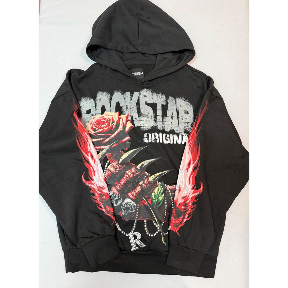 Rockstar Original Mens Black Rose Devil Graphic Hoodie Medium Streetwear Hooded